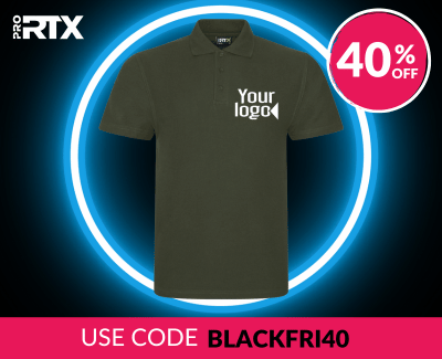 A dark green polo shirt with the placeholder text 'your logo.' The background has a neon circle design, with the Beechfield brand logo and a circular badge displaying '40% off.' A pink banner at the bottom says 'Use code BLACKFRI40'.